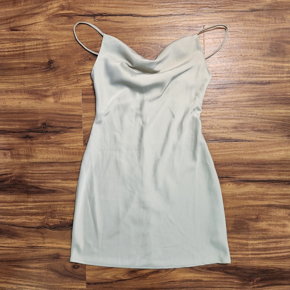 NWT Urban Outfitters Olive Mallory Cowl Slip Neck Satin Dress Size Small